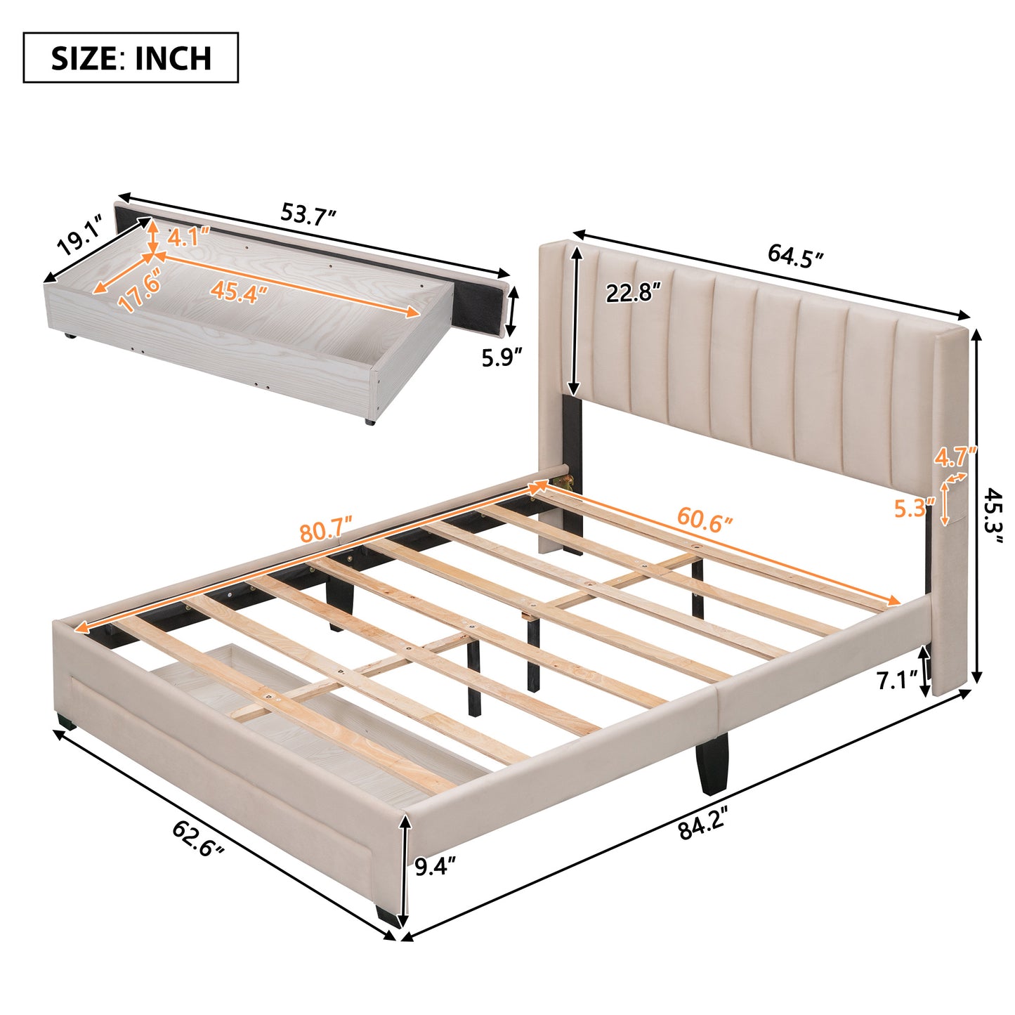 queen size storage bed velvet upholstered platform bed with a big drawer - beige