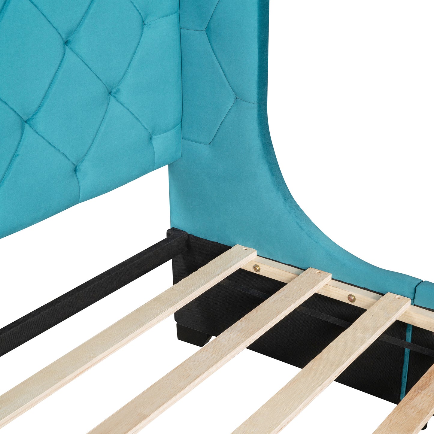 modern velvet upholstered platform bed with wingback headboard and a big drawer