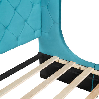 Modern Velvet Upholstered Platform Bed with Wingback Headboard and a Big Drawer