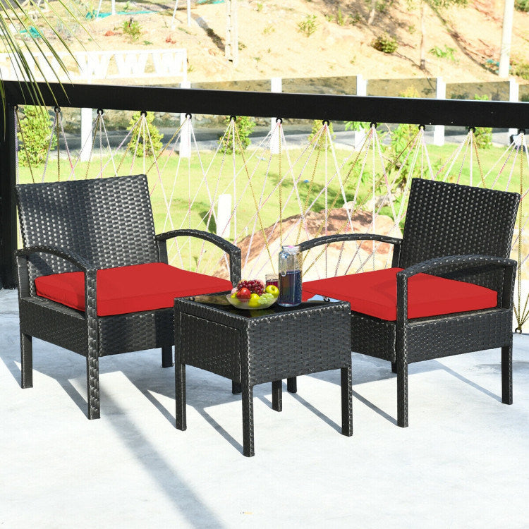 3 pieces outdoor rattan patio conversation set with seat cushions