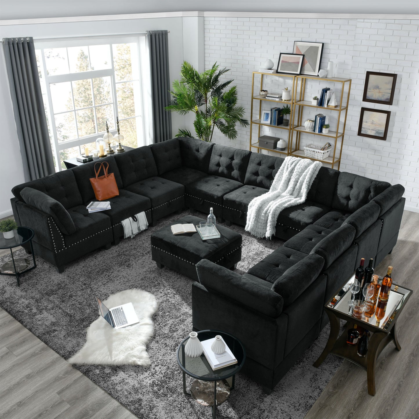 u shape modular sectional sofa with ottoman, black velvet