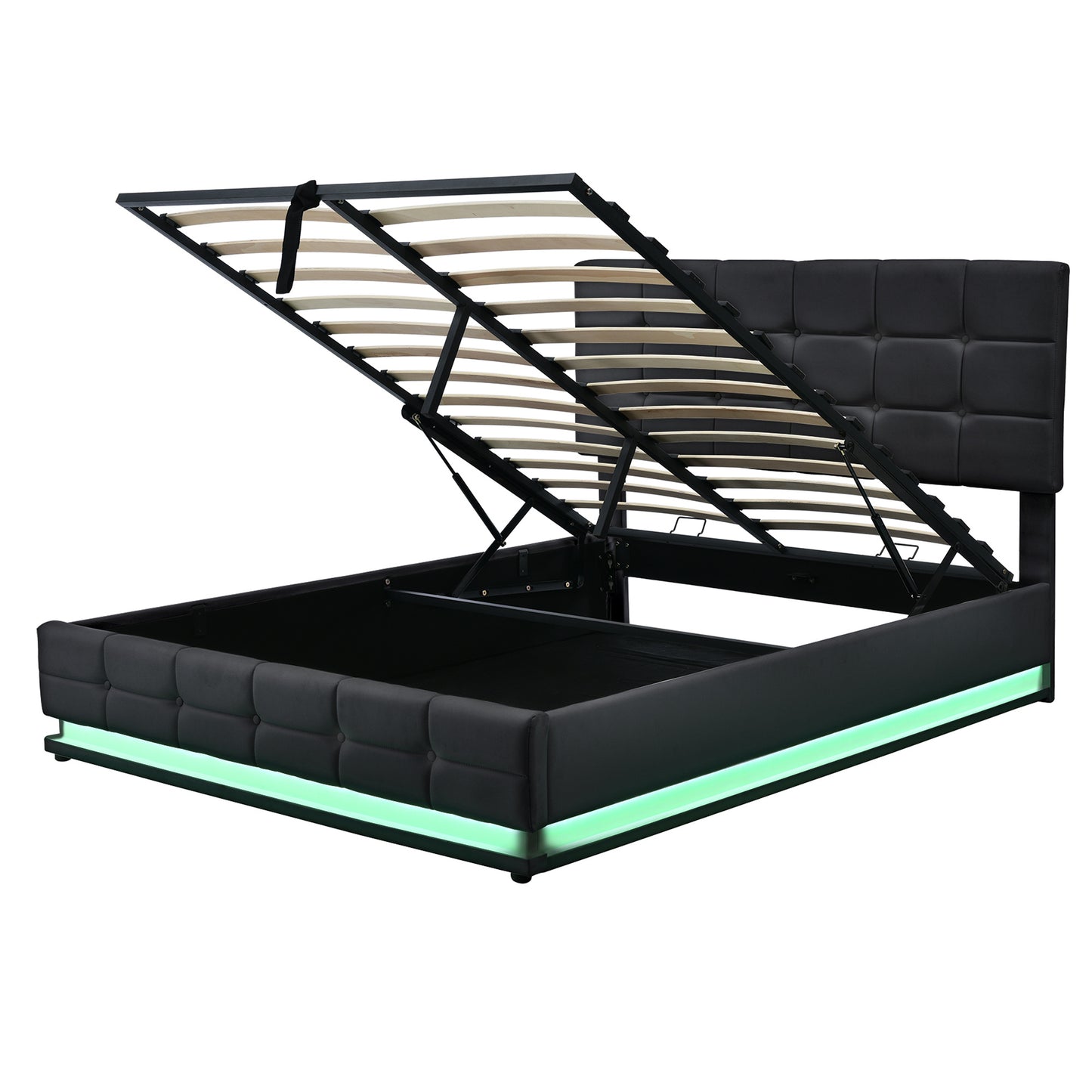 tufted upholstered platform bed with hydraulic storage system, led lights, and usb charger, black