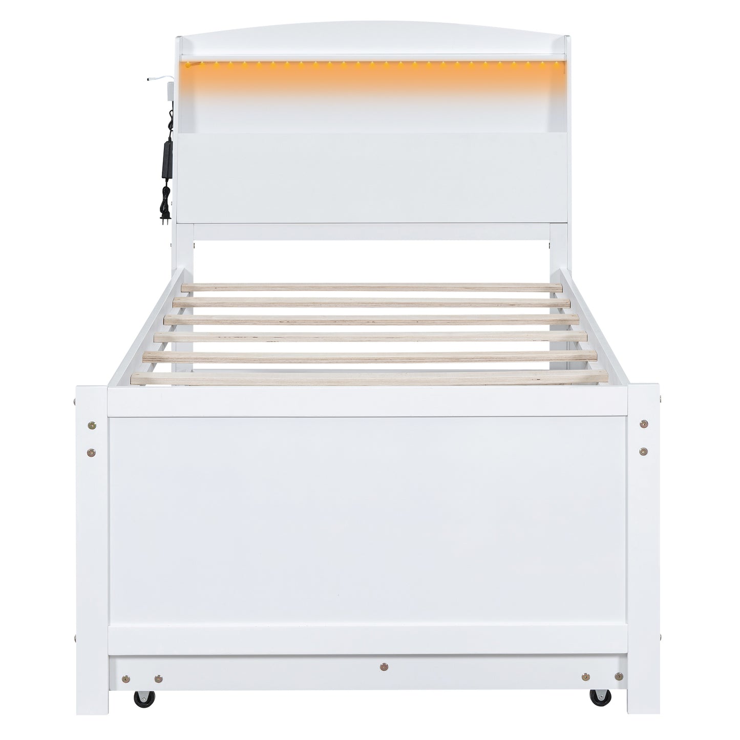 platform bed with storage led headboard, twin size trundle and 3 drawers, white