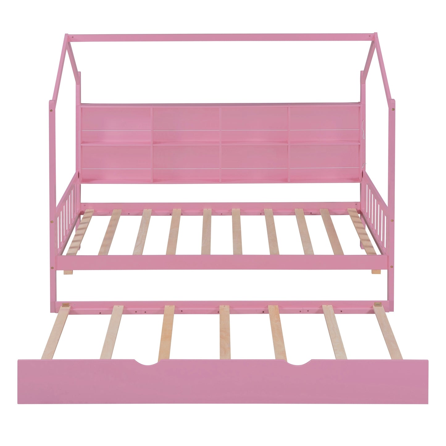 wooden house bed with trundle, pink