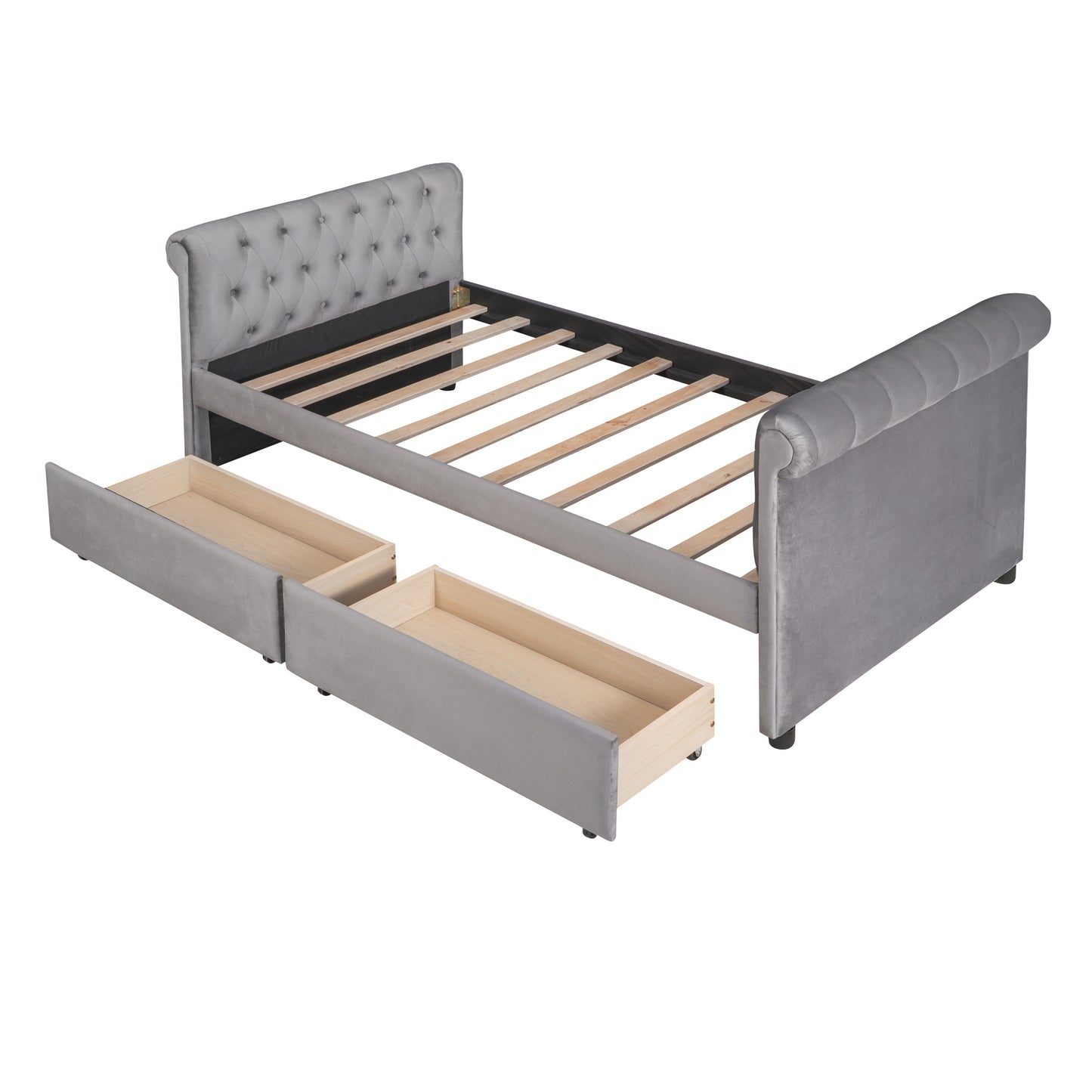 sara upholstered bed with drawers, gray