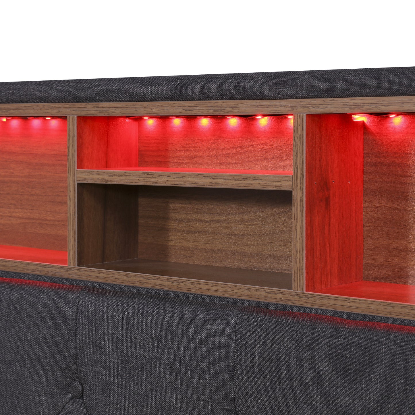 upholstered platform bed with storage headboard, led, usb charging and 2 drawers