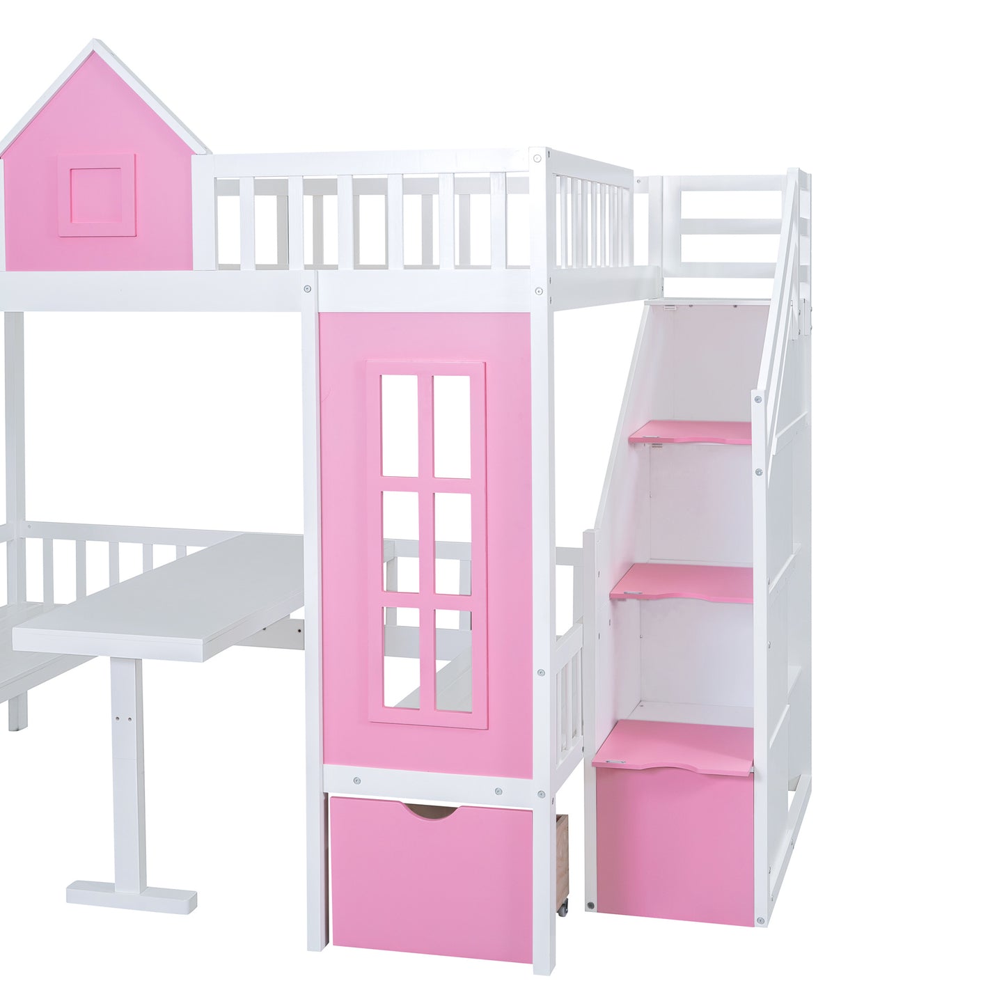 full-over-full bunk bed with changeable table, pink
