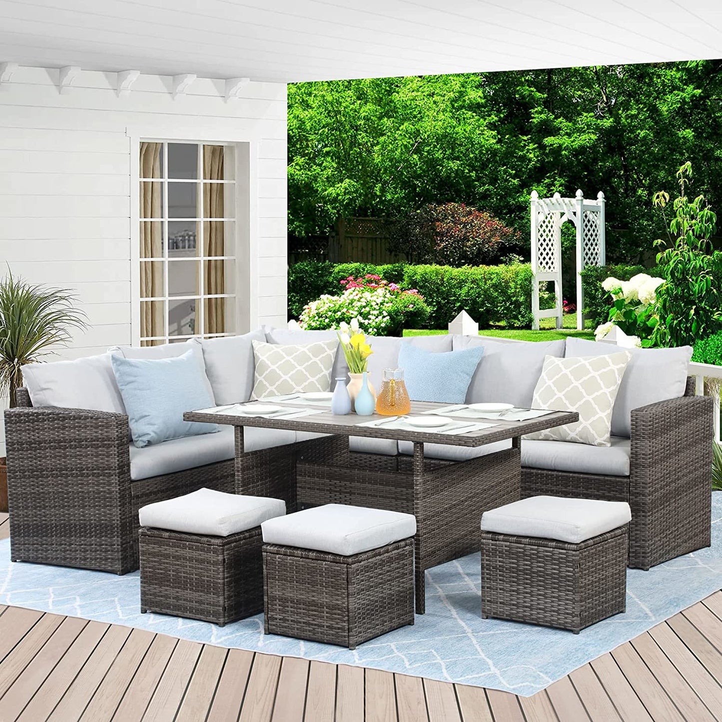 7-pieces pe rattan wicker patio dining sectional cusions sofa set with grey cushions