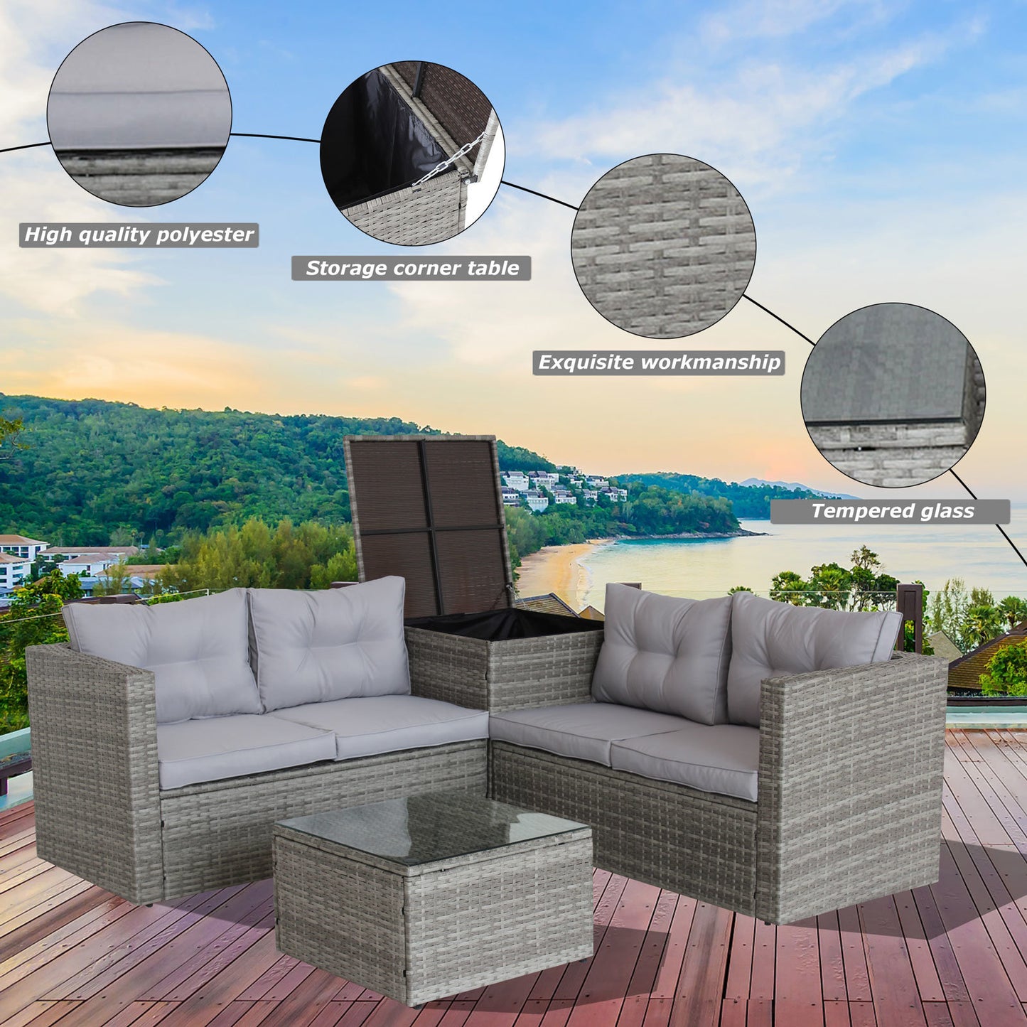 4 piece patio sectional wicker rattan outdoor furniture sofa set with storage box grey