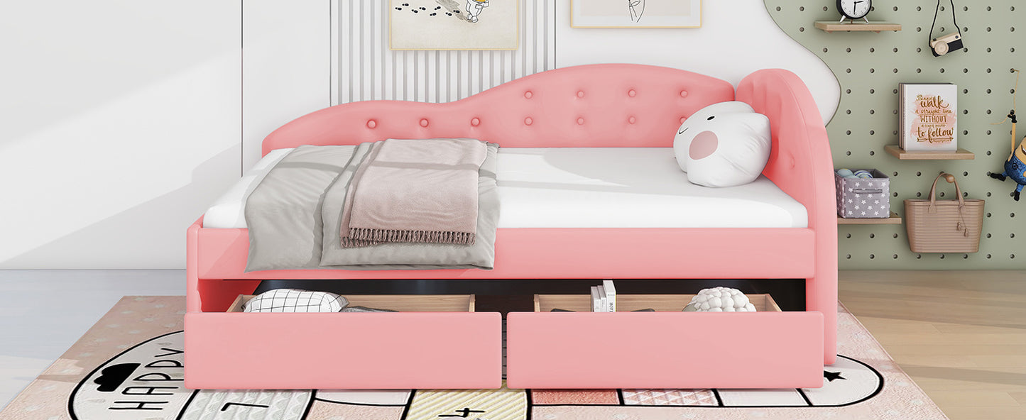upholstered tufted bed with two drawers and cloud shaped guardrail, pink