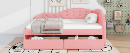 Upholstered Tufted Bed with Two Drawers and Cloud Shaped Guardrail, Pink