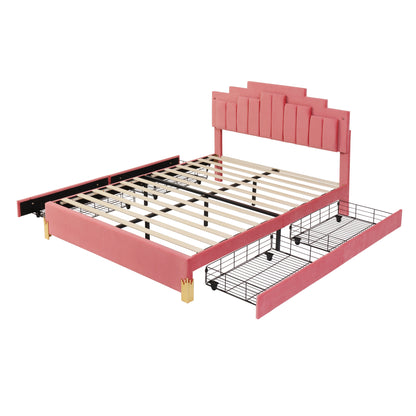 Irregular Upholstered Platform Bed with LED Lights and 4 Drawers, Pink