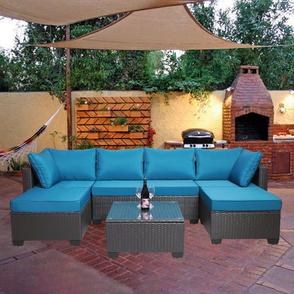 7-Piece PE Rattan Wicker Cushioned Sofa Sets and Coffee Table