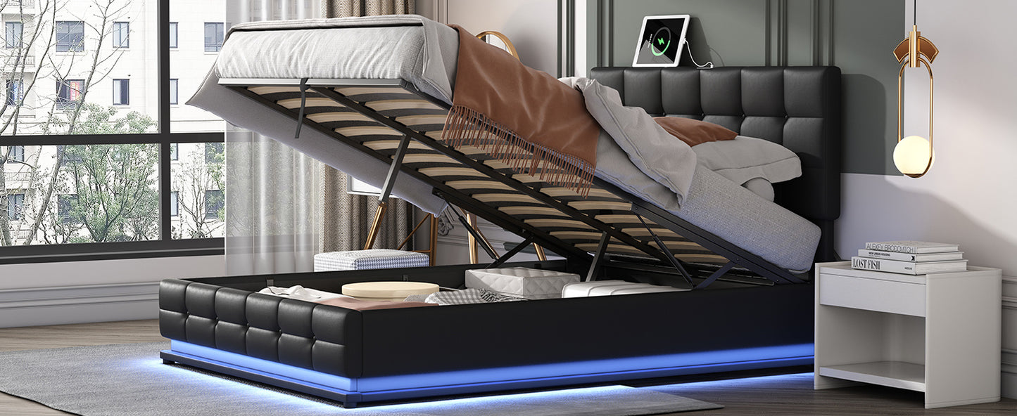 tufted upholstered platform bed with hydraulic storage system, led lights, and usb charger, black