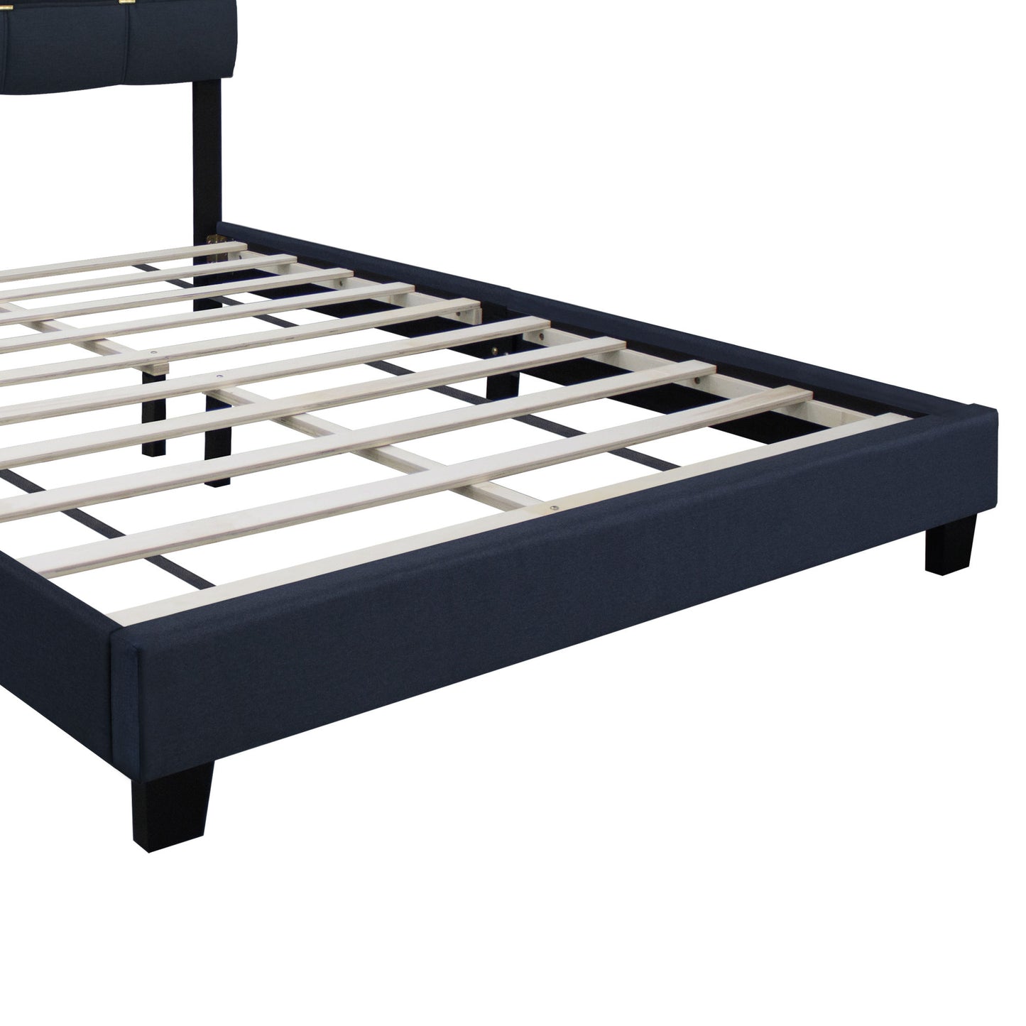 elegant upholstered bed frame with gold accents on headboard