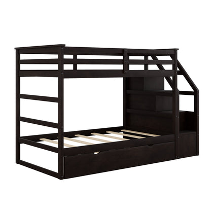 Twin-Over-Twin Bunk Bed with Twin Size Trundle and 3 Storage Stairs, Espresso