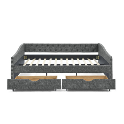 Morgan Queen Size Daybed with Drawers Upholstered Tufted Sofa Bed, Grey