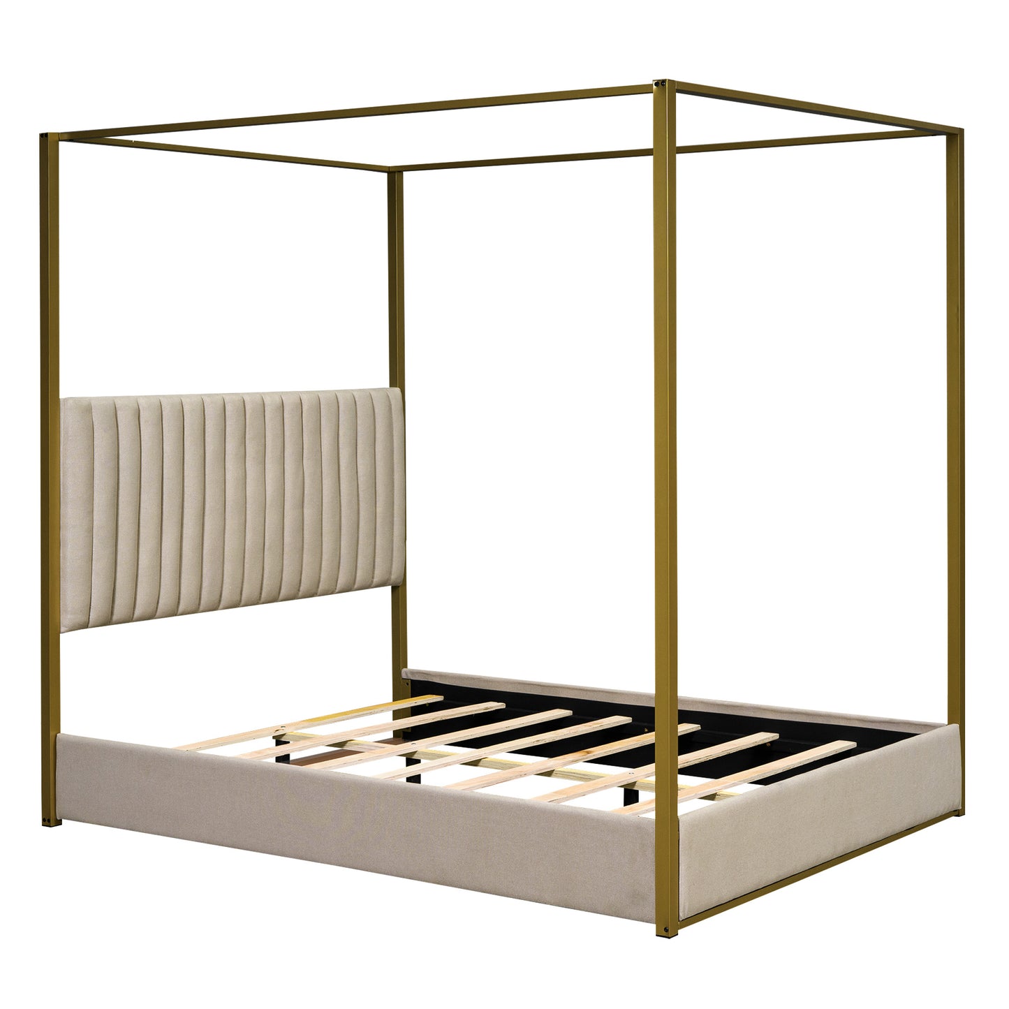 queen size upholstery canopy platform bed with headboard and metal frame, beige