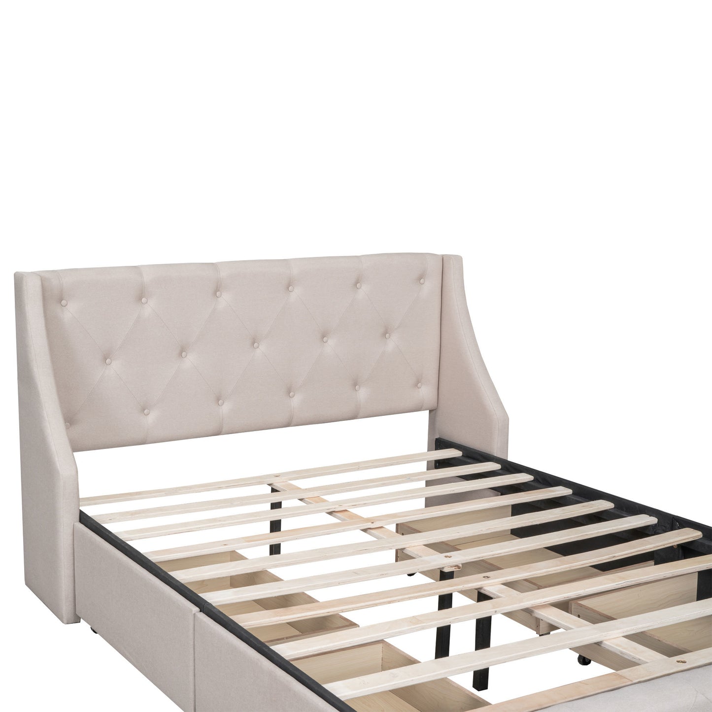 upholstered platform bed with wingback tufted headboard and 4 drawers, beige