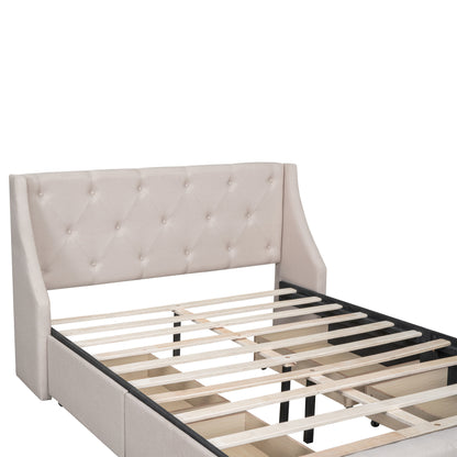 Upholstered Platform Bed with Wingback Tufted Headboard and 4 Drawers, Beige