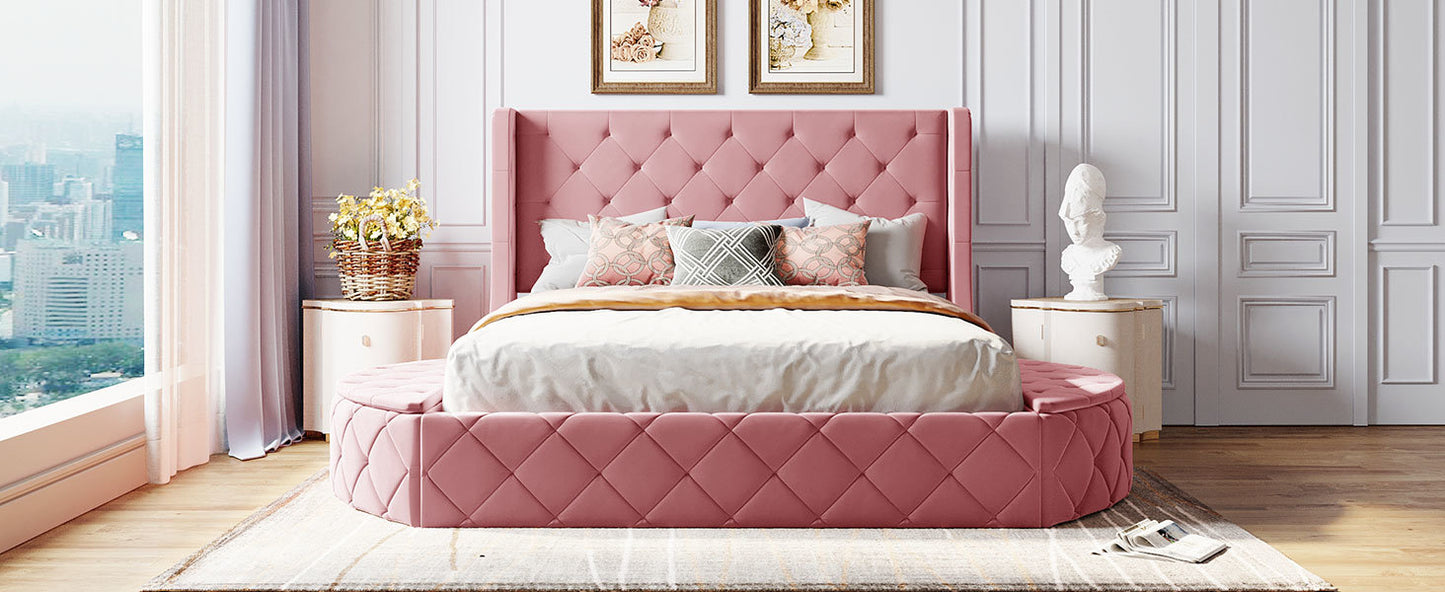 upholstered velvet platform bed with wingback headboard and 1 big drawer; 2 side storage stool