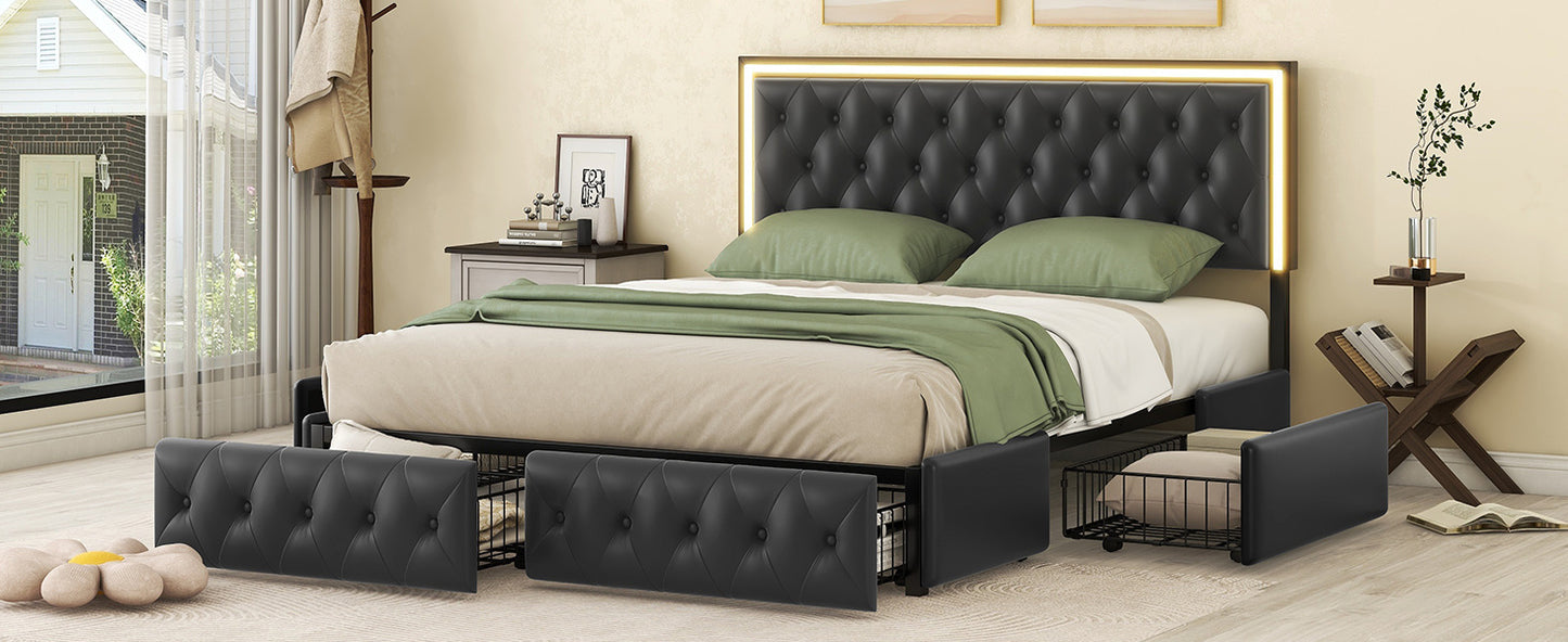 queen upholstered pu leather platform bed with led headboard, black