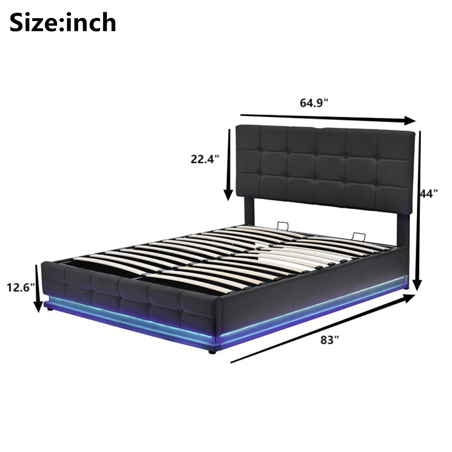 tufted upholstered platform bed with hydraulic storage system, led lights, and usb charger, black