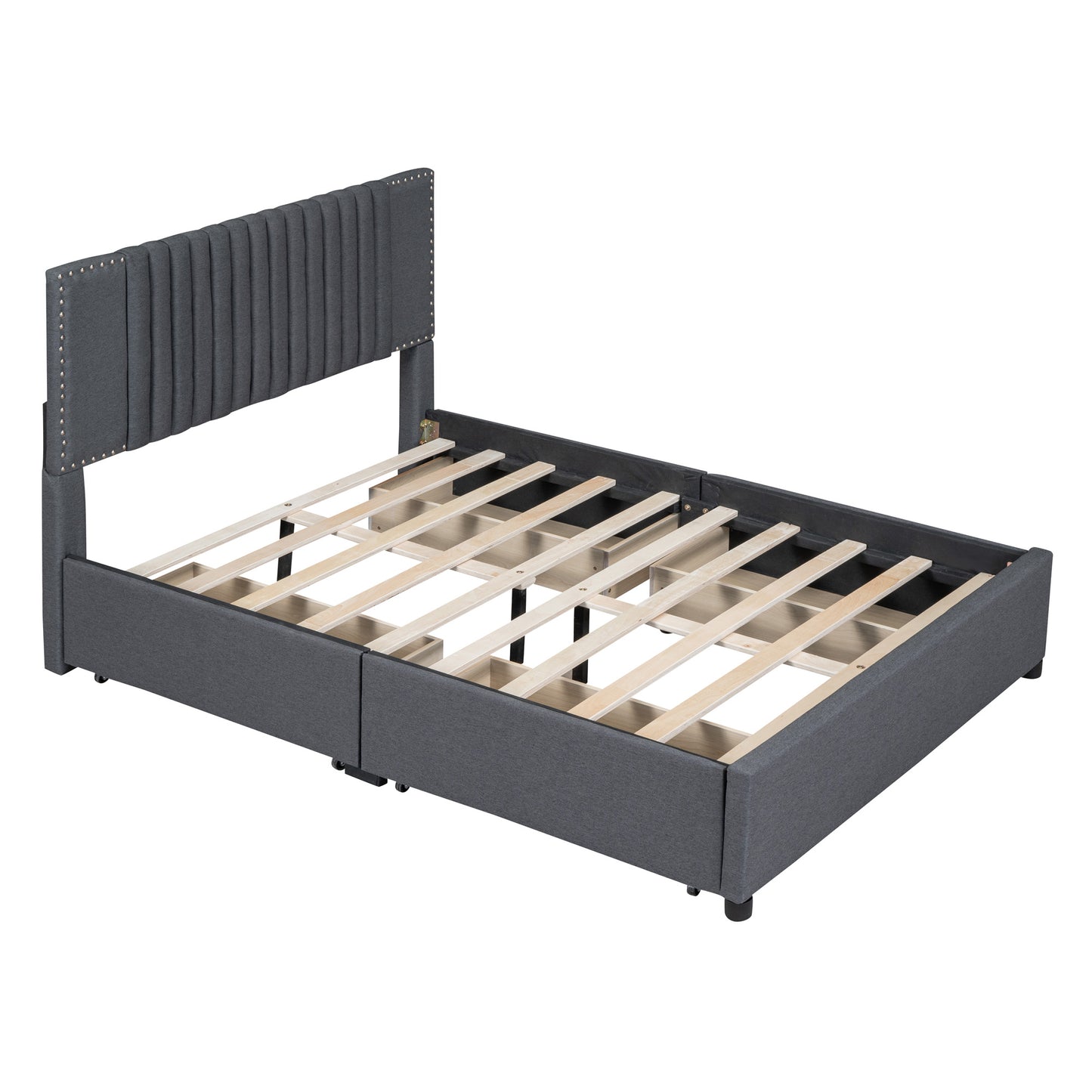 upholstered platform bed with classic headboard and 4 drawers, gray