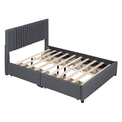 Upholstered Platform Bed with Classic Headboard and 4 Drawers, Gray