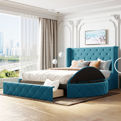 Upholstered Velvet Platform Bed with Wingback Headboard and 1 Big Drawer; 2 Side Storage Stool