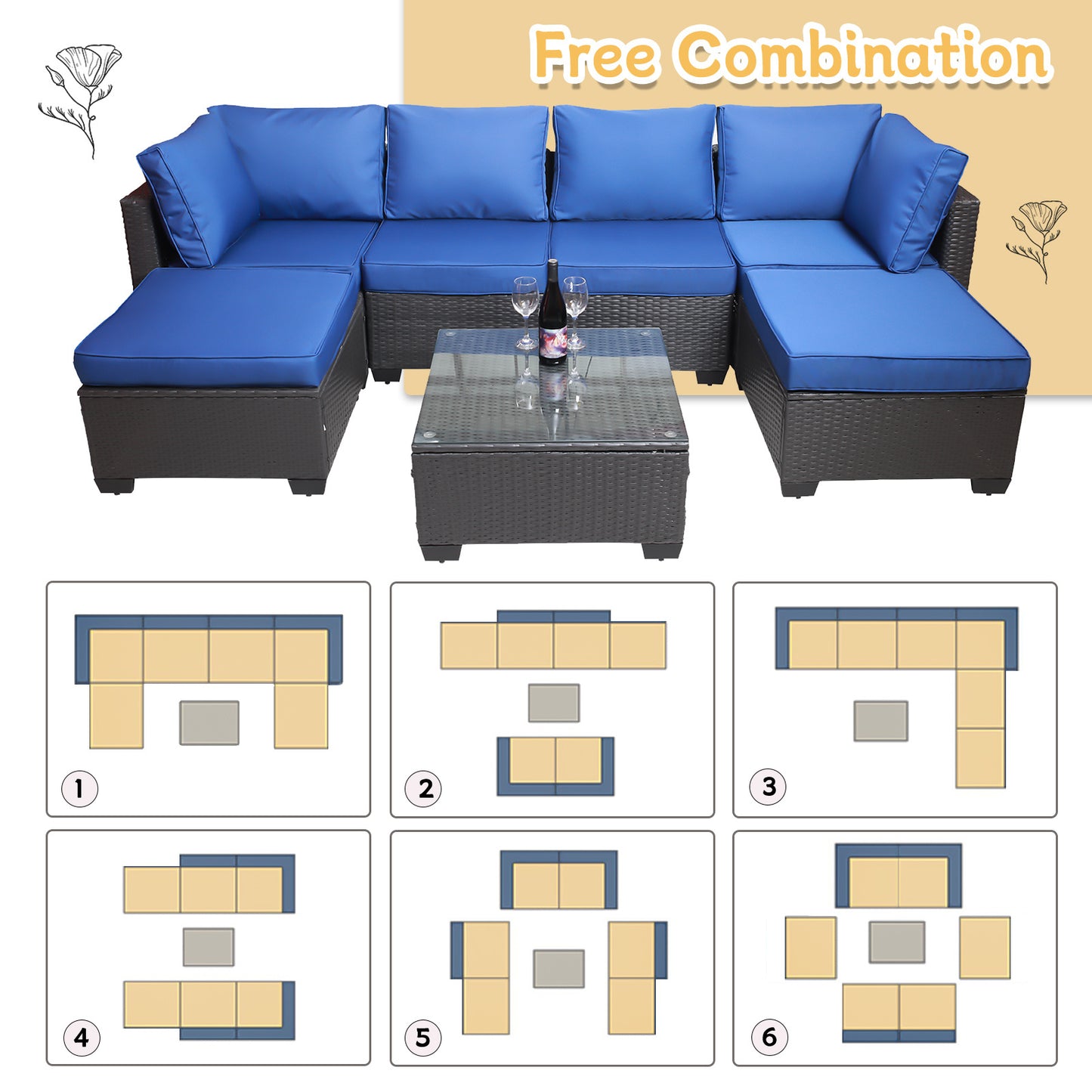 7-piece pe rattan wicker cushioned sofa sets and coffee table