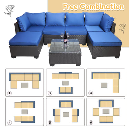 7-Piece PE Rattan Wicker Cushioned Sofa Sets and Coffee Table