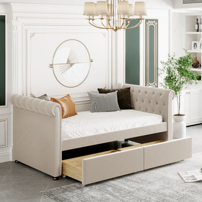 Upholstered Bed with Drawers, Beige