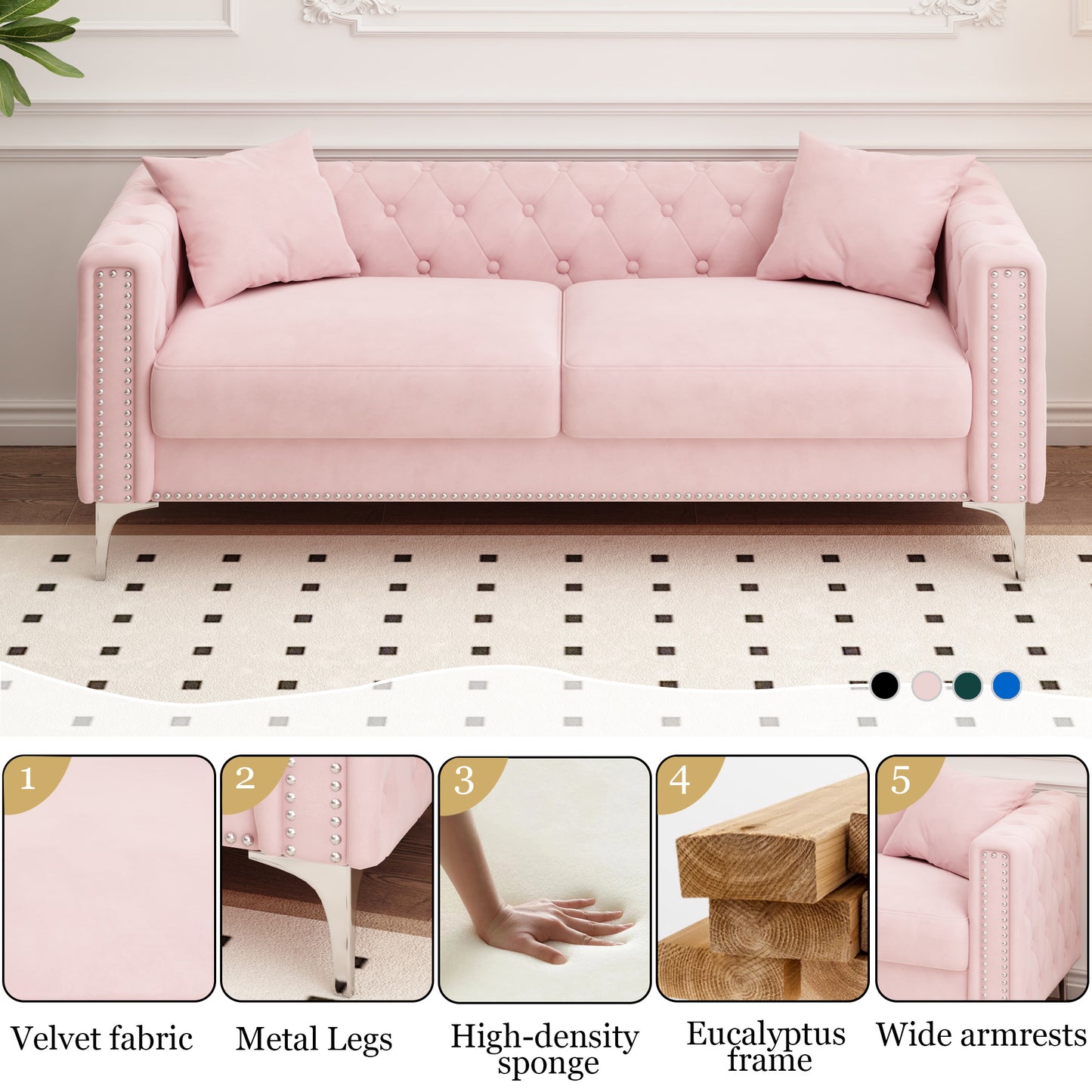 morgan sofa includes 2 pillows, pink velvet