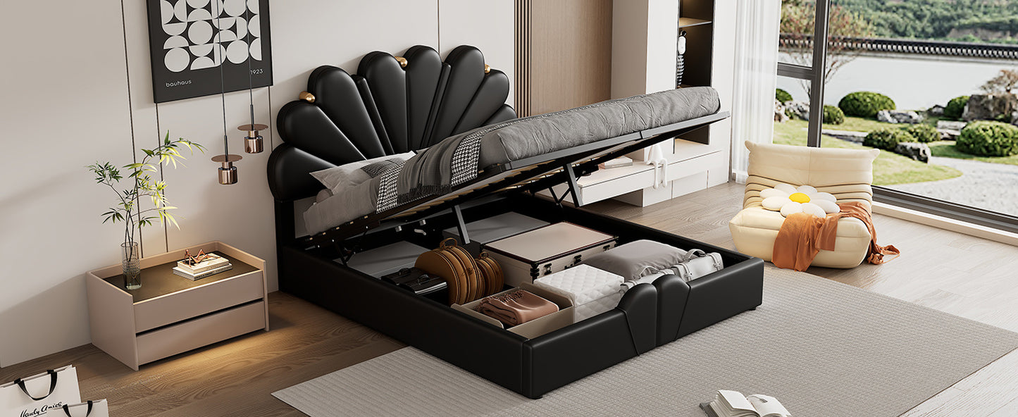 upholstered petal shaped platform bed with hydraulic storage system, pu storage bed, black