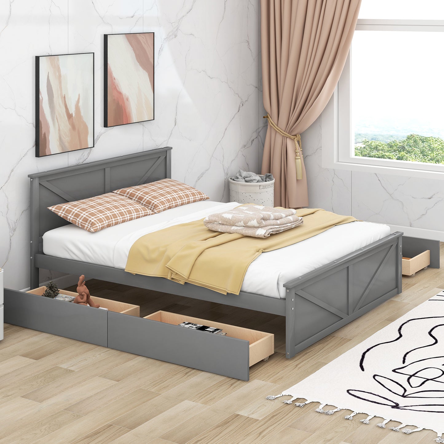 country wooden platform bed with four storage drawers