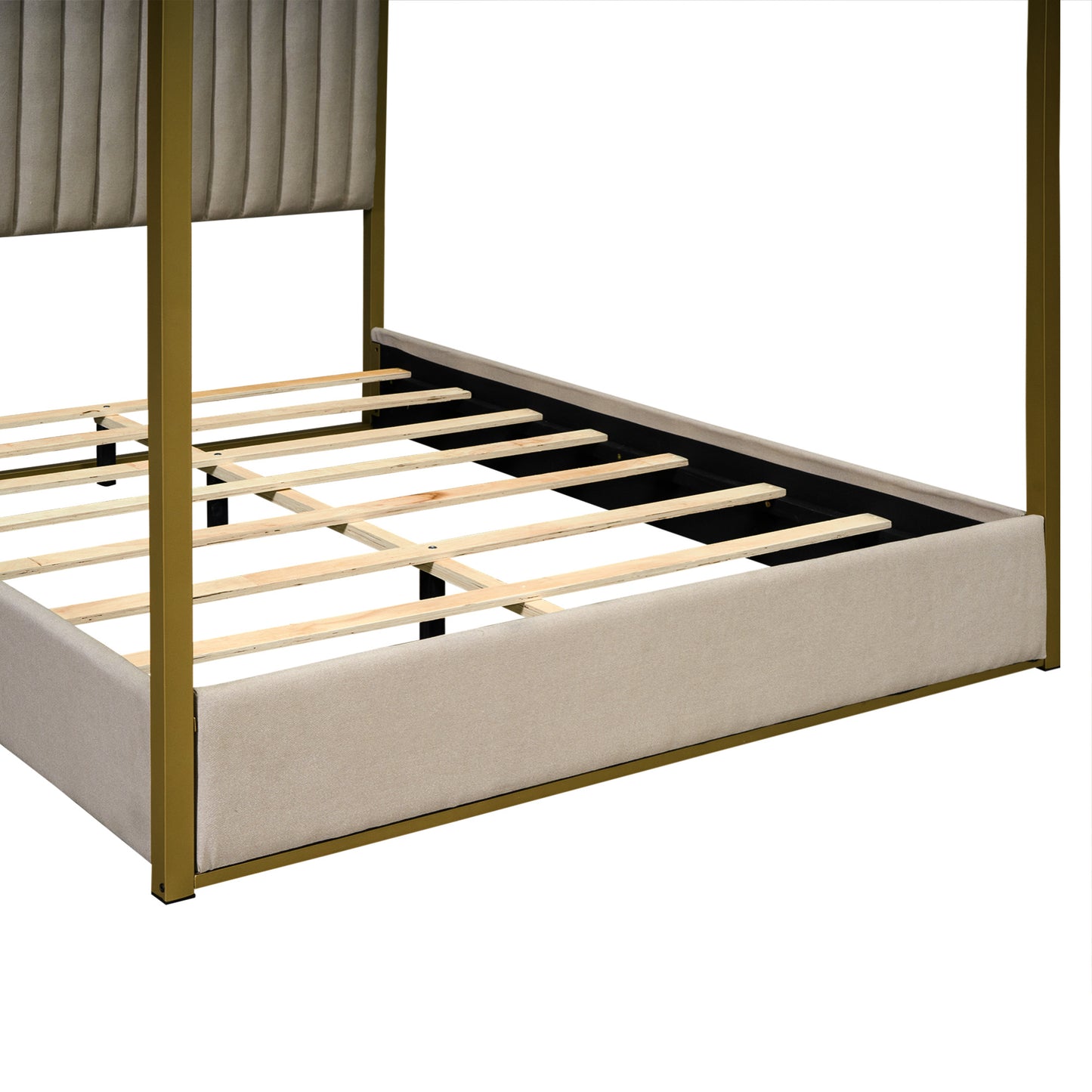queen size upholstery canopy platform bed with headboard and metal frame, beige