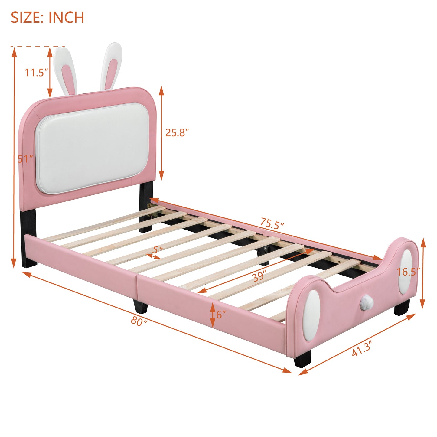upholstered rabbit-shape princess bed, white+pink