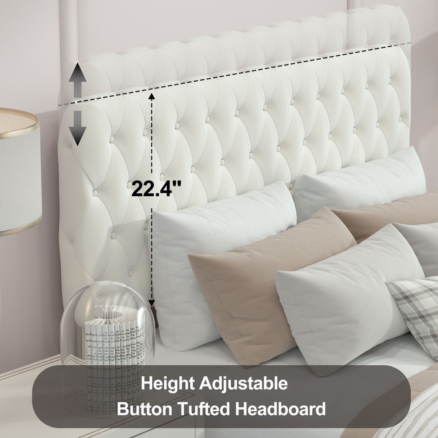 velvet upholstered bed with deep tufted buttons & pneumatic hydraulic function, beige