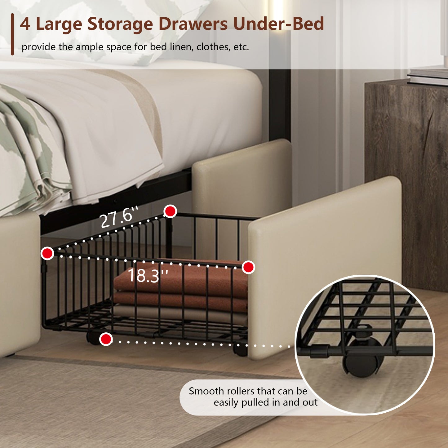 upholstered leather led headboard bed frame with 4 storage drawers, beige