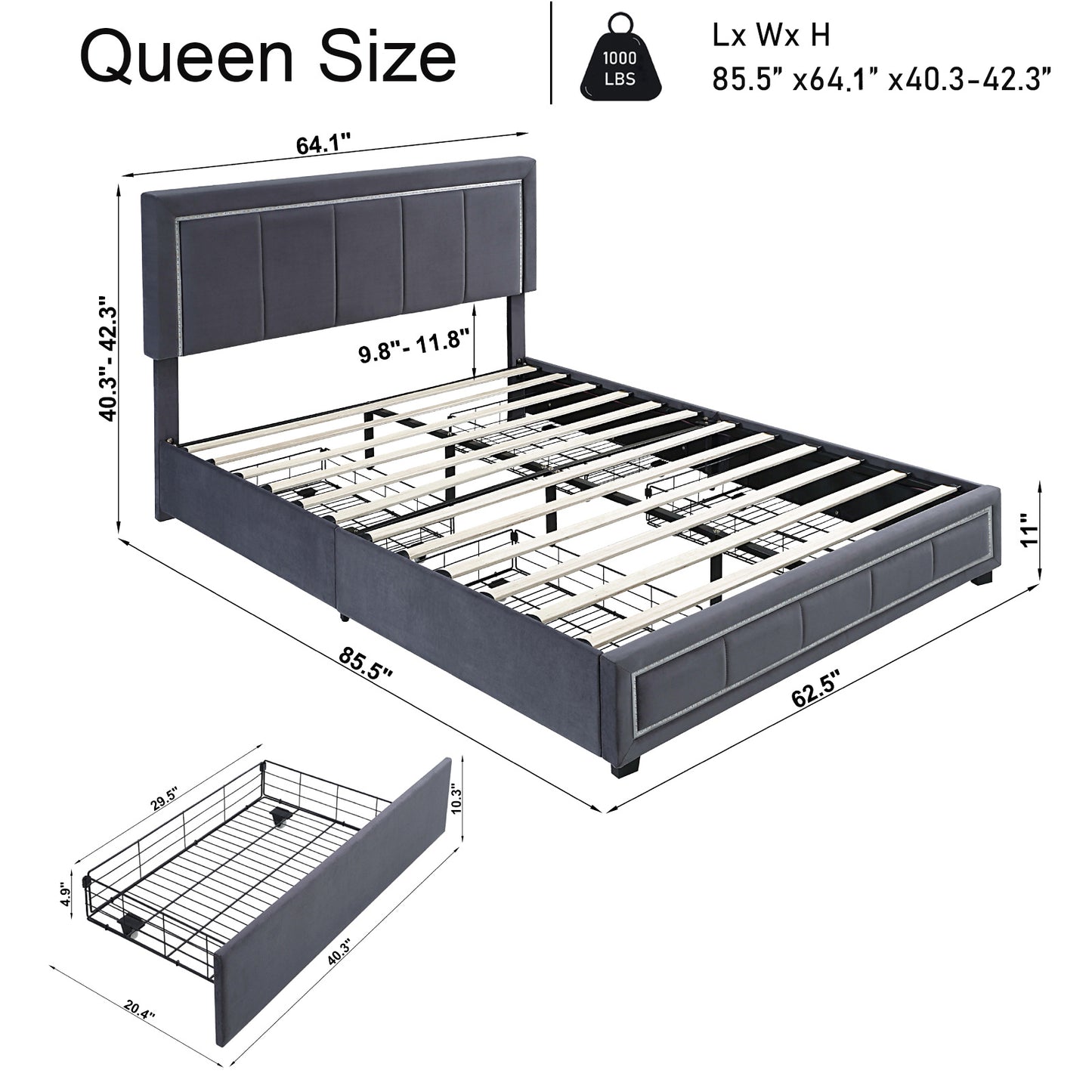 upholstered queen size platform bed with led lights, storage bed with 4 drawers, gray