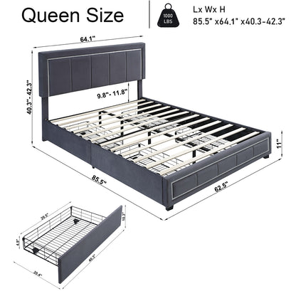 Upholstered Queen Size Platform Bed with LED Lights, Storage Bed with 4 Drawers, Gray