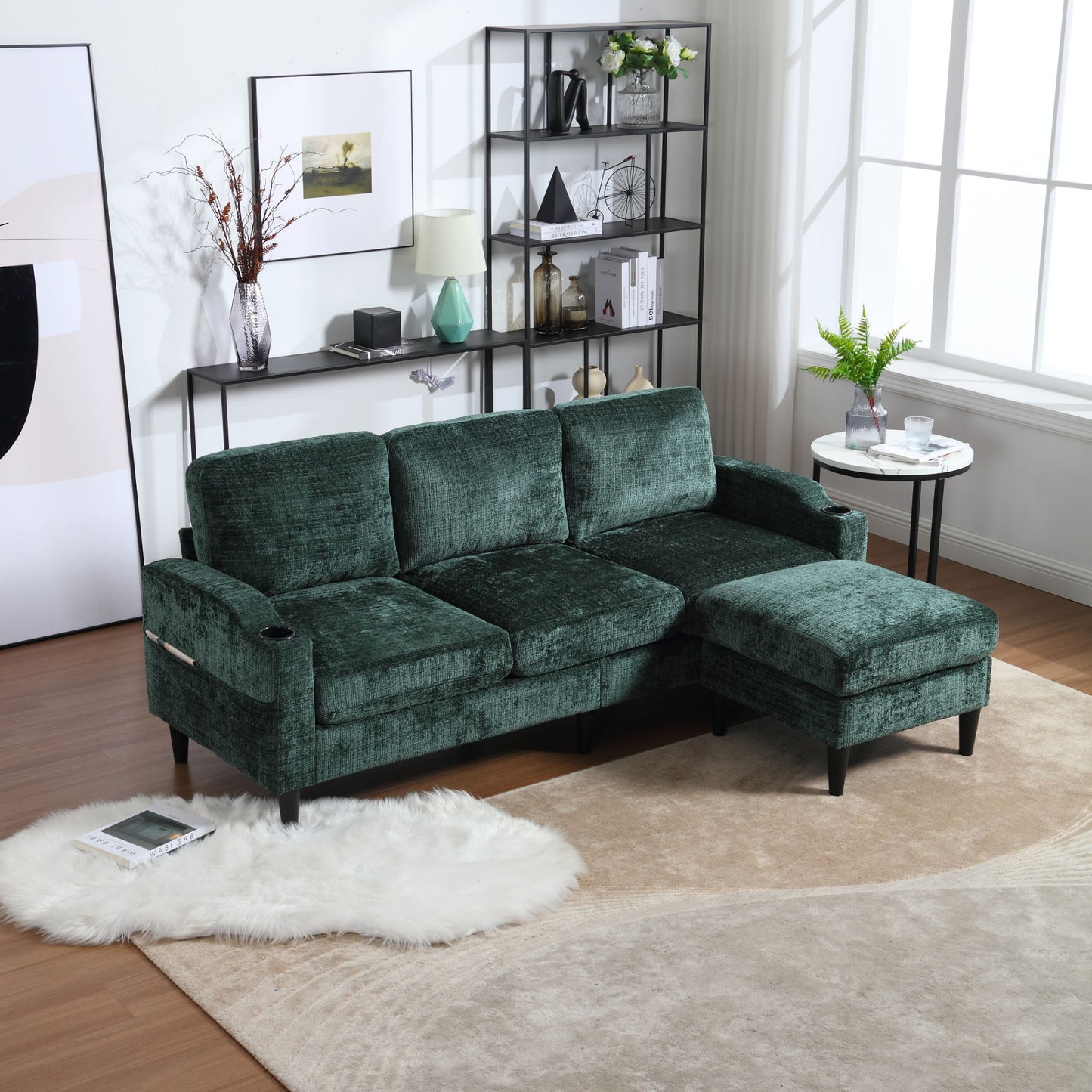 zara storage/ cupholder sectional sofa, green