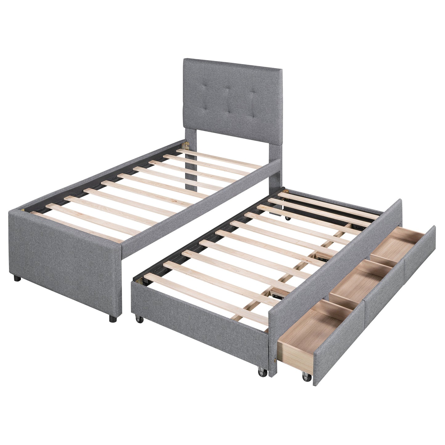 upholstered platform bed with pull-out twin size trundle and 3 drawers, gray