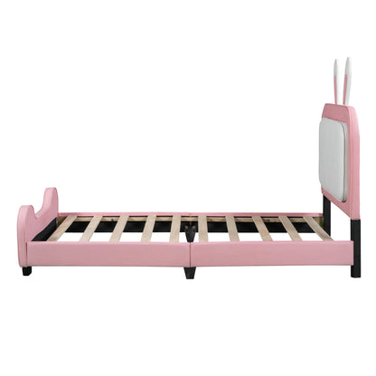 Upholstered Rabbit-Shape Princess Bed, White+Pink
