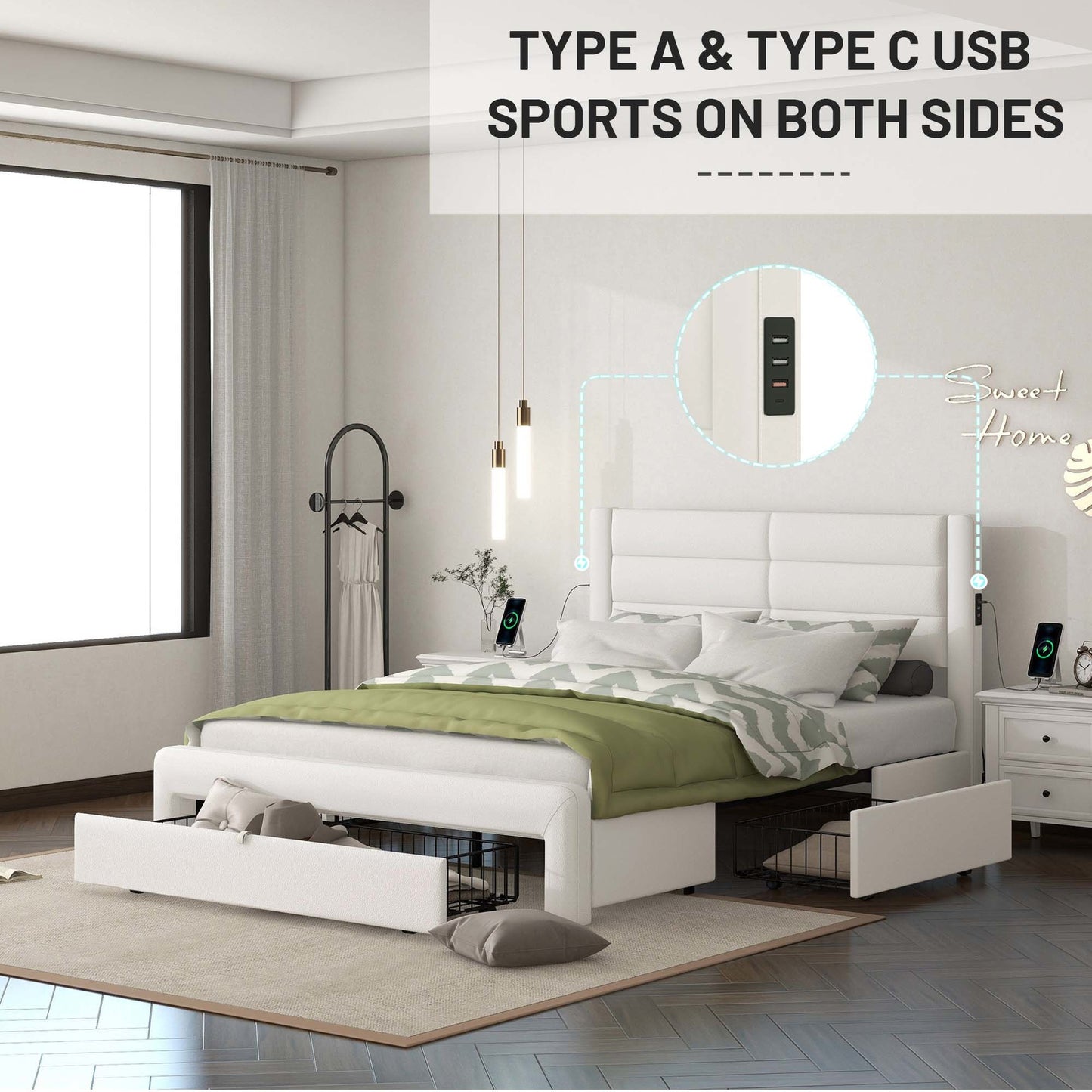leather upholstered platform bed with drawer storage & charging station, white