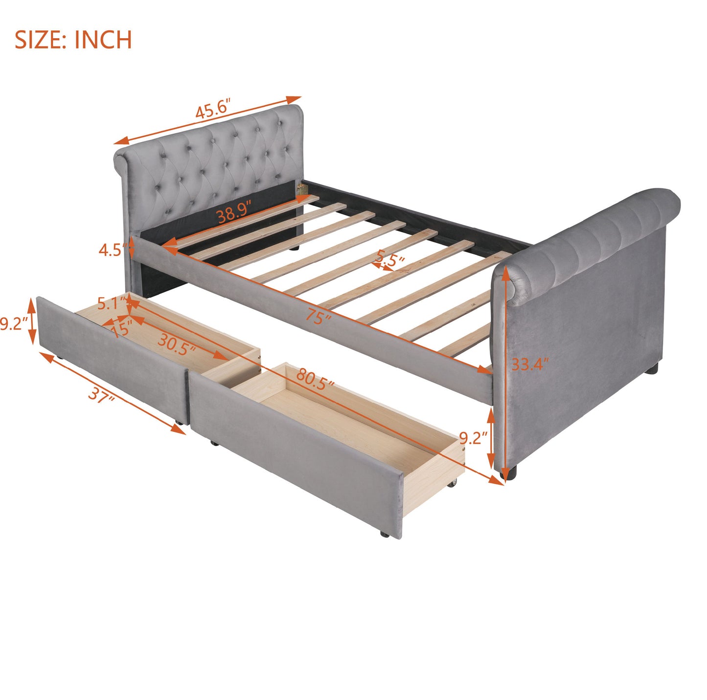 sara upholstered bed with drawers, gray