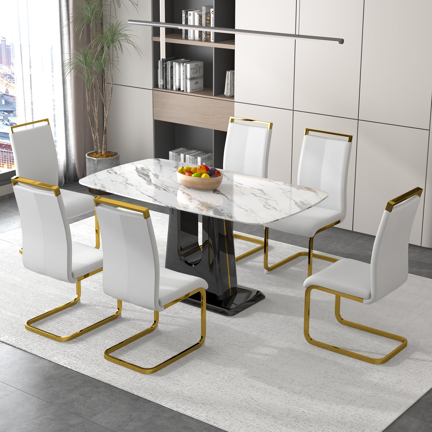 a modern, minimalist, and luxurious dining table with a white imitation marble tabletop and mdf legs with u-shaped brackets. tables in restaurants and living rooms 63"*35.4"*30 f-u