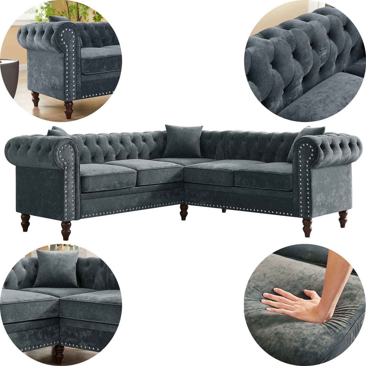 moe upholstered sectional, grey velvet