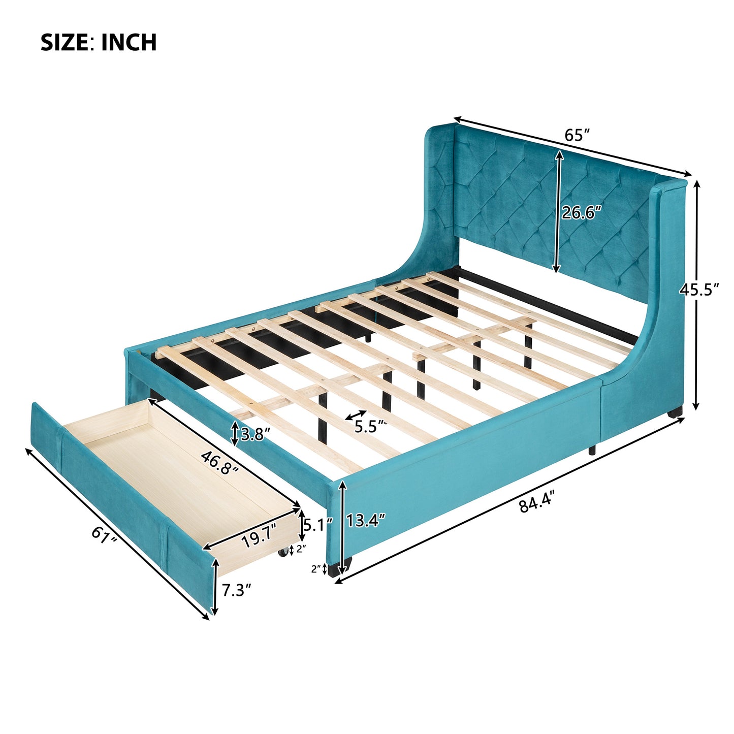 modern velvet upholstered platform bed with wingback headboard and a big drawer